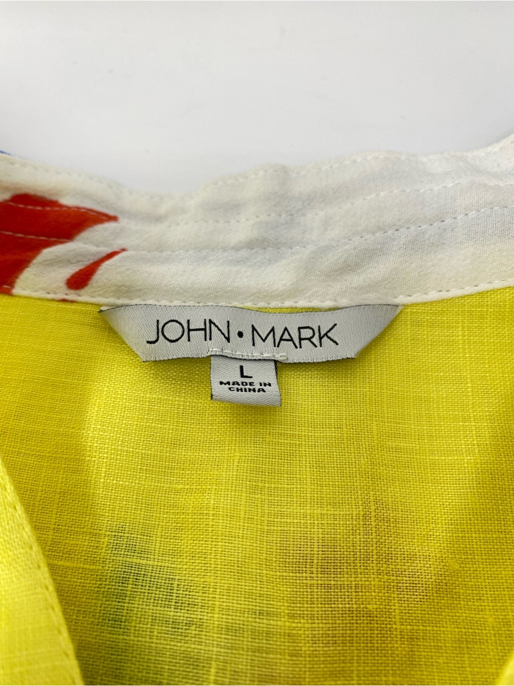 John Mark Blouse Top Linen Yellow Embroidered Mixed Media with Blue Striped Hem - Picture 5 of 13